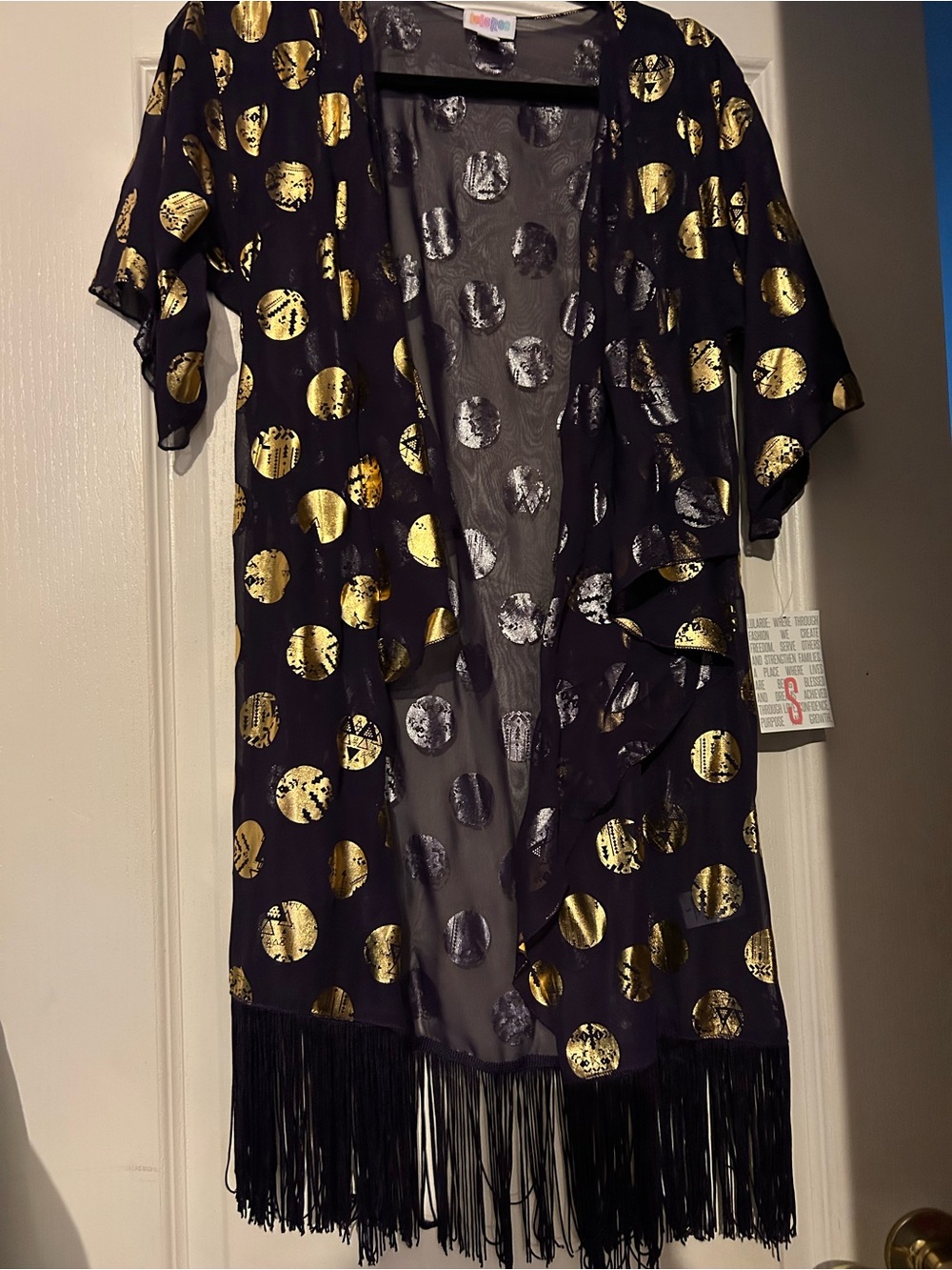 LuLaRoe Monroe Kimono with Gold Metallic Polka Dots Fringe Small